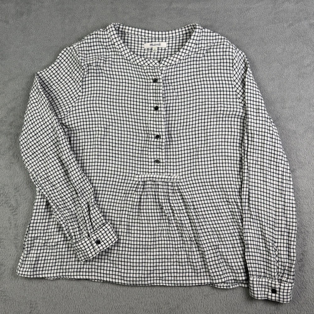 Madewell Womens Black White Grid Check Button Front Peplum Top G0179 Size M